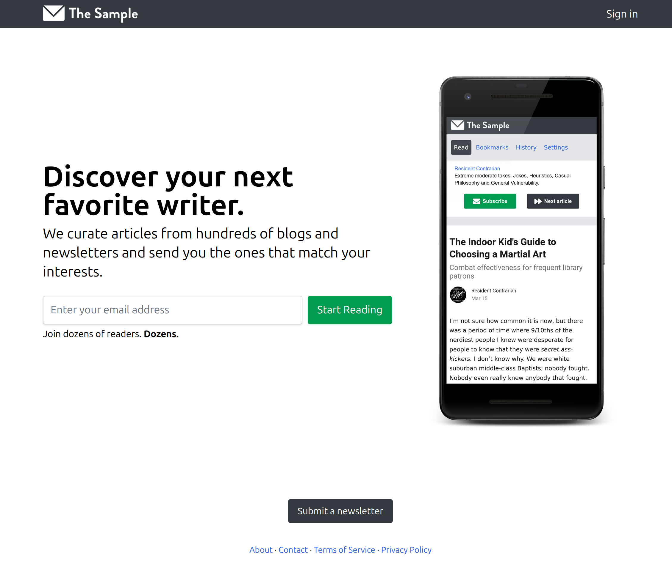 screenshot of The Sample's landing page