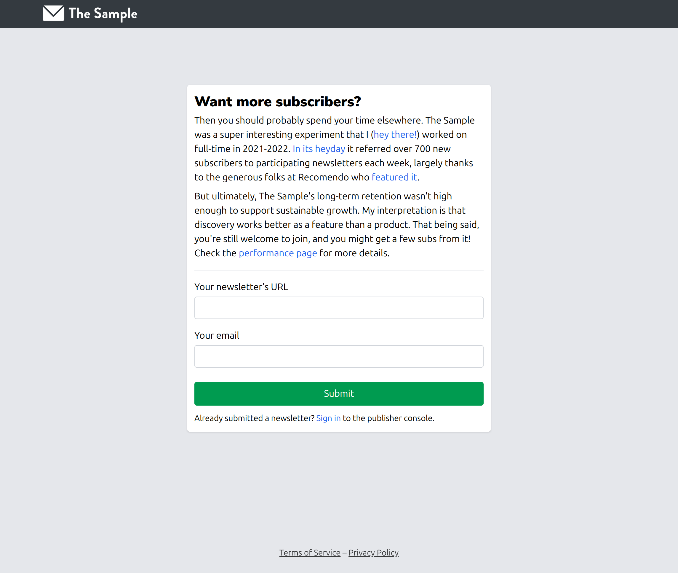screenshot of The Sample's newsletter submission page